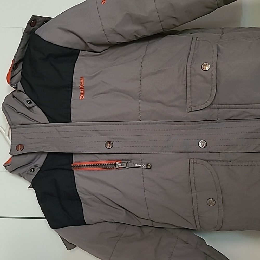 EUC Osh Kosh snow suit. Grey and Orange. Fur hood. Size 7